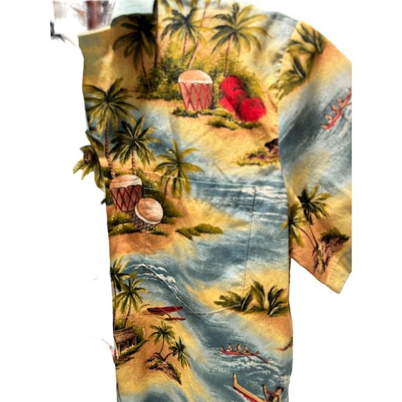 Vtg Hilo Hattie The Hawaii Original Palm Tree Boats Multicolor Hawaiian Shirt XS - Picture 2 of 7